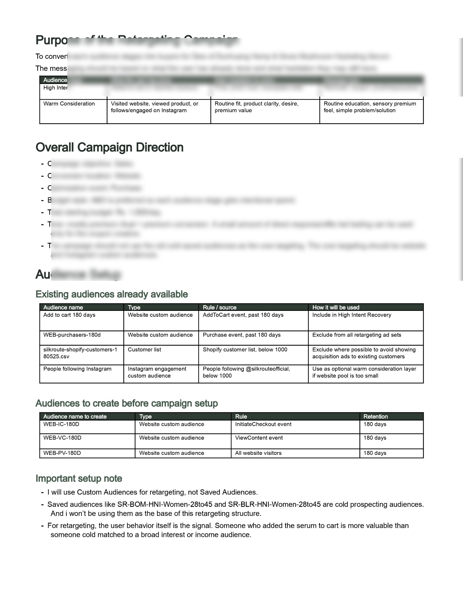 Blurred campaign purpose and audience setup document for Silk Route.